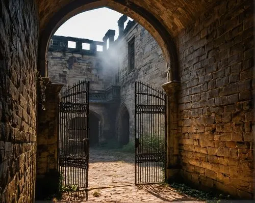 Eastern State Penitentiary, Gothic Revival style, imposing structure, stone walls, rusted iron gates, grand entrance, arched windows, narrow towers, crumbling facade, overgrown with ivy, broken clocks