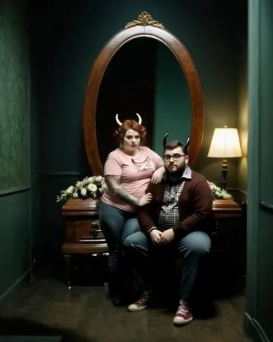 a tall oval mirror hangs on the wall. the silhouette of a tall thin man wearing horns is standing inside the mirror.,a man and woman posing for a po in a mirror,bearmanor,pussycats,gay couple,homos,ot