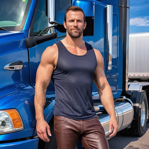 truck driver,trucker,semitrailer,tractor trailer,18-wheeler,truck,semi,sleeveless shirt,large trucks,18 wheeler,big rig,vehicle transportation,lorry,trucks,house trailer,semi-trailer,commercial vehicle,trucking,trailer truck,blue-collar worker,Photography,General,Realistic