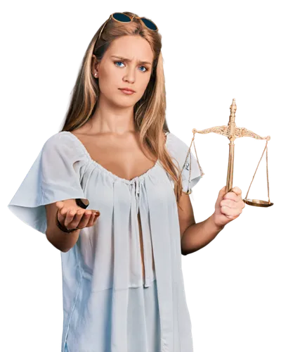 Lady Justice, blindfolded, holding scales, solemn expression, golden hair, white toga, balance scale with two equal weights, ornate column base, marble texture, soft chiaroscuro lighting, 3/4 composit