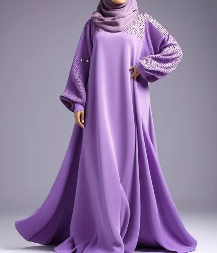 3d fashion drawing for Muslim hijab with 4k with loose design with  with suede with dots with purple with 3d drawing ,the muslim woman is wearing a purple dress and head scarf,abayas,abaya,kurung,hija