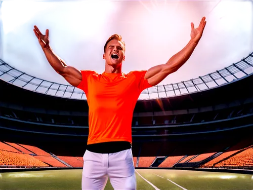 Muscular man, sporty, colorful athletic wear, bright orange jersey, white pants, black sneakers, sweaty forehead, energetic facial expression, dynamic pose, arms up in victory, stadium background impl