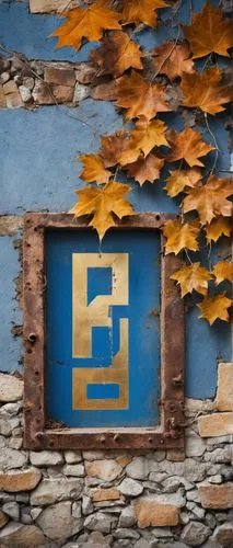 College of Design and Architecture, old worn-out sign, rusty metal frame, faded blue background, golden font, bold typography, hanging crookedly, one broken chain, wooden door behind, stone walls, Ivy