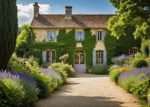 Residential landscape, Normandy-style villa, lush greenery, rolling hills, winding stone path, blooming lavender, sunflowers, tall trees with sprawling canopies, wooden fences, ornate iron gates, flow