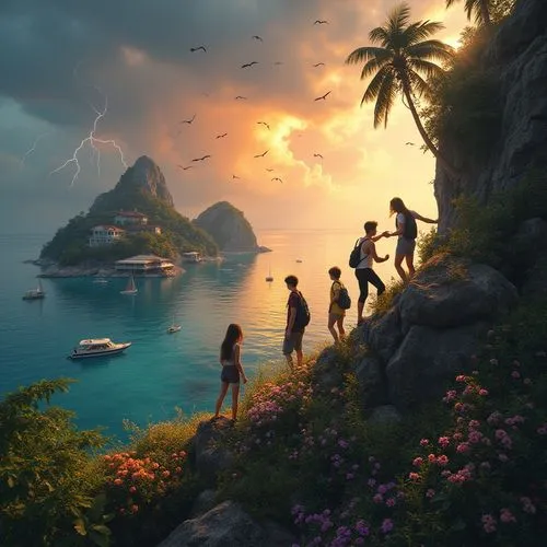 Five teenagers exploring the side of a mountain full of different colored flowers on a tropical island, with birds flying above, with boats in the cove, a few mansions scattered around the island, and