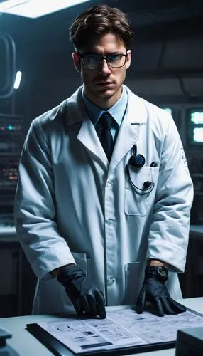 RPC agent, SCP Foundation, male, 30yo, lab coat, glasses, serious expression, contained anomaly, Euclid-class, dim laboratory, fluorescent lights, metal tables, various sci-tech equipment, warning sig