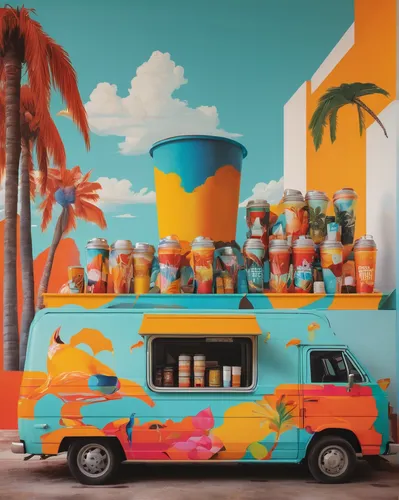 ice cream van,ice cream stand,battery food truck,food truck,ice cream cart,tropics,ice cream shop,vwbus,food hut,miami,south beach,mural,camper van,easter truck,tutti frutti,campervan,fruit stand,teal and orange,van,delivery truck,Illustration,Realistic Fantasy,Realistic Fantasy 24