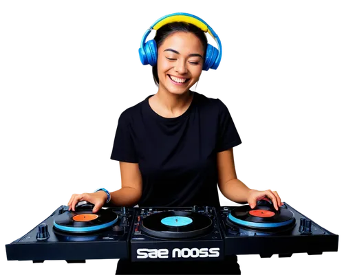 DJ, headphones, smiling face, closed eyes, party atmosphere, flashing lights, sound waves, vinyl records, CD players, laptops, music software, colorful buttons, futuristic dashboard, neon lights, 3/4 