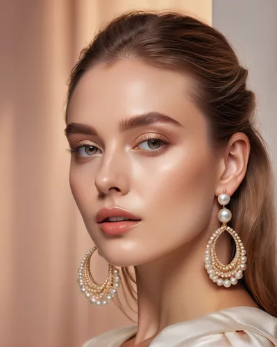 Top fashion poster, female model wearing a pair of stylish pearl earrings, contour light, ear close-up, fine skin texture, earrings highlight the moist light, super details, shoulder flat angle, high 