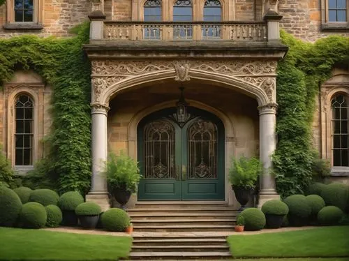 Georgian architecture, grand entrance, ornate doors, symmetrical facade, columns, arches, balustrades, ornate windows, brick walls, stone carvings, intricate stonework, steeply pitched roofs, multiple