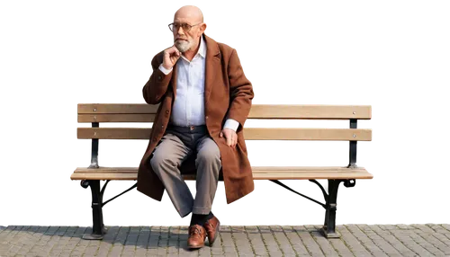 Old man, sitting, solo, (70yo), wrinkled face, white beard, glasses, balding hair, worn-out clothes, brown coat, holding cane, bench, urban park, afternoon sun, warm lighting, 3/4 composition, soft fo