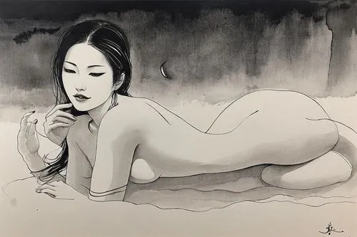 ink painting,tomie,charcoal drawing,foujita,hoshihananomia,huong,charcoal,sumi,wesselmann,watercolor pin up,japanese art,dessin,asian woman,japanese woman,contraposition,lotus position,tusche indian ink,recline,hirschfeld,kimoto,Illustration,Paper based,Paper Based 30