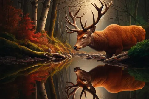 forest animals,woodland animals,fall animals,forest animal,hunting scene,animals hunting,autumn forest,elk,deer illustration,autumn theme,autumn background,deers,fantasy picture,pere davids deer,red d