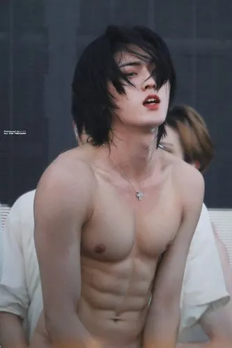 Shirtless naked man with slim waist, abs, pink nipples, pubic hair and light skin. Smooth, bright light and no shadow,a woman with black hair and a shirt on,intermodulation,kangta,daewon,polunin,jaejo