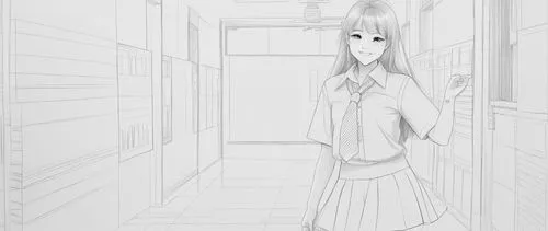 girl walking away,pencil frame,locker,girl in a long,anime cartoon,girl drawing,tsumugi kotobuki k-on,corridor,animation,paper background,girl on the stairs,door,white room,camera drawing,animator,hallway,empty room,open door,in the door,ghost background,Design Sketch,Design Sketch,Character Sketch