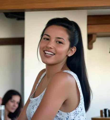 Remote image.  The Moroccan girl is sitting on a bar stool in a local pub in Austria drinking a local beer.  She has black hair in a ponytail and wears a short and sexy white dress decorated with a pa