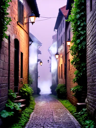 narrow alley, stone walls, old city, Europe style, cobblestone road, dim streetlights, morning fog, misty atmosphere, cinematic lighting, low-angle shot, symmetrical composition, ancient architecture,