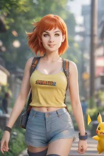 the animation character is posing on the street,pokemon go,3d figure,misty,pikachu,3d render,meterora,girl in overalls,pokemongo,brigette,karen,cindy,kanto,3d model,moc chau hill,3d rendered,pokemon,k