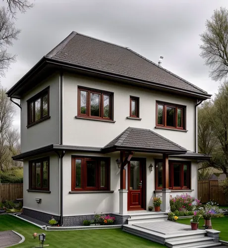 Small Single storey house,  circular garage,  small swimming pool and green grass. Flowers are blooming in the garden. Background is hard fork.,two story house,house insurance,danish house,house shape