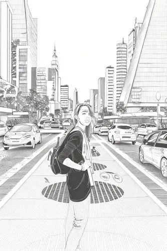 a femal,a pedestrian,pedestrian,city ​​portrait,camera illustration,seoul,girl and car,pedestrian crossing,city trans,city highway,tokyo city,crosswalk,city car,sakura background,tokyo,namsan,crossing