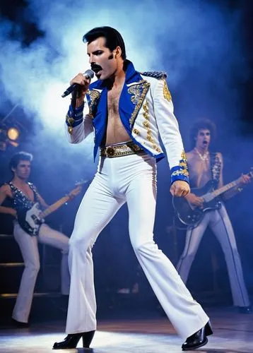 Freddie Mercury, iconic rockstar, 1980s hairstyle, curly blonde hair, messy pompadour, thick sideburns, mustache, bold eyebrows, bright blue eyes, glamorous makeup, sparkly costume jacket, tight white