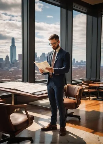 Modern architect, male, 30s, glasses, short hair, beard, suit, tie, holding a blueprint, standing, interior, university, Harvard, MIT, Cornell, Columbia, Berkeley, skyscraper, cityscape, daytime, natu