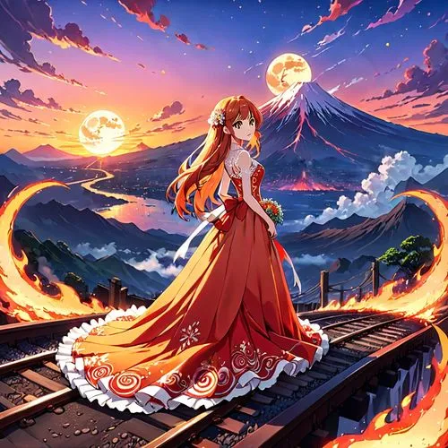 fire angel,fire background,sun bride,asuka langley soryu,flame spirit,fire siren,dancing flames,celestial event,cg artwork,flame of fire,fiery,fire dance,fire lily,fire artist,merida,moon and star background,ring of fire,fire flower,etna,pillar of fire,Anime,Anime,Traditional