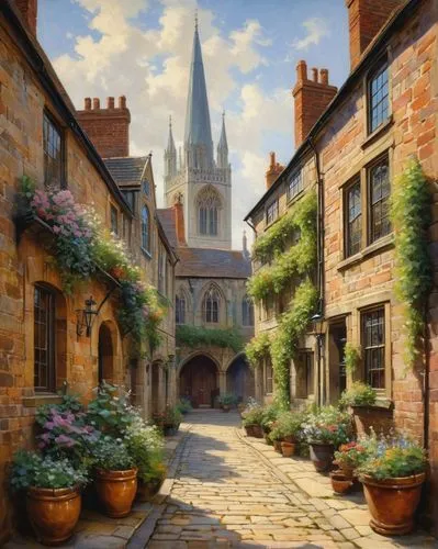 oxfordshire,oxford,medieval street,burford,cambridge,cotswold,cambridgeshire,york,balliol,lichfield,medieval town,townscapes,oxfordian,beautiful buildings,oxbridge,canterbury,cotswolds,brasenose,sherborne,mont st michel,Art,Classical Oil Painting,Classical Oil Painting 15