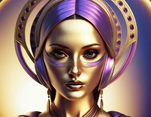 a woman in gold dress and purple hair is wearing a hat,ancient egyptian girl,nefertiti,hathor,wadjet,art deco woman,nephthys,zodiac sign libra,inanna,estess,prophetess,cleopatra,asherah,horoscope libr