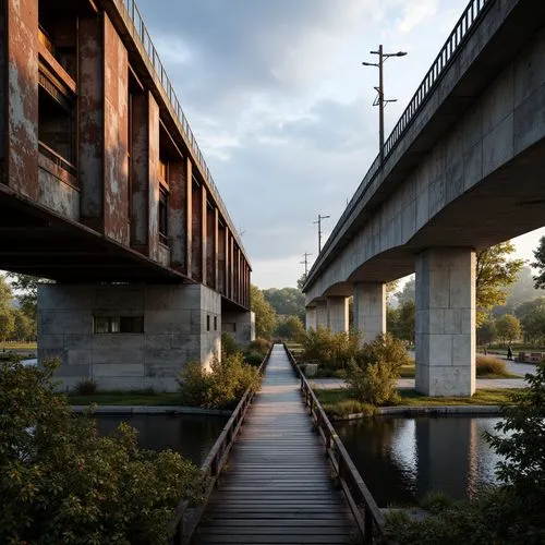 Industrial steel bridges, rusted metallic tones, weathered concrete supports, muted blue-grey skies, misty atmospheric effects, warm golden lighting, shallow depth of field, 2/3 composition, realistic