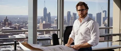 Male architect, 30s, glasses, messy brown hair, beard, white shirt, rolled up sleeves, dark blue jeans, leather belt, black boots, holding blueprints, standing, serious expression, indoor office, mode