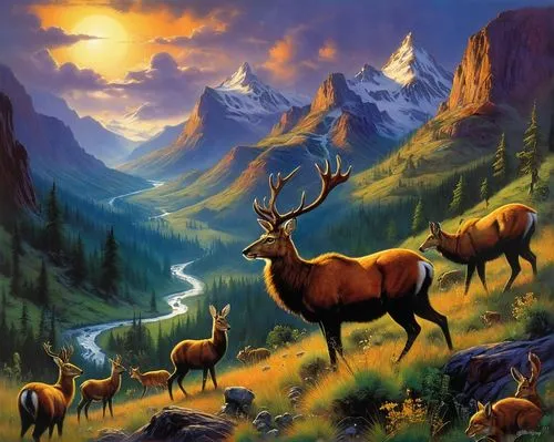 elk,wapiti,mountain scene,deer illustration,mountain pasture,mountain sheep,Illustration,Realistic Fantasy,Realistic Fantasy 32