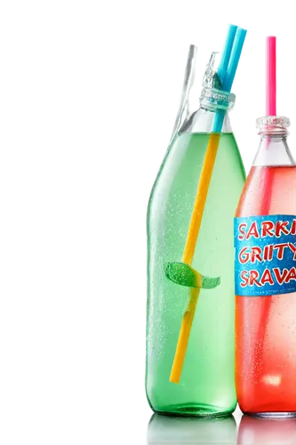 Colorful soft drinks, assorted flavors, glass bottles, icy condensation, sparkling water, fruit slices, colorful straws, metal bottle caps, transparent labels, shallow depth of field, warm lighting, 3