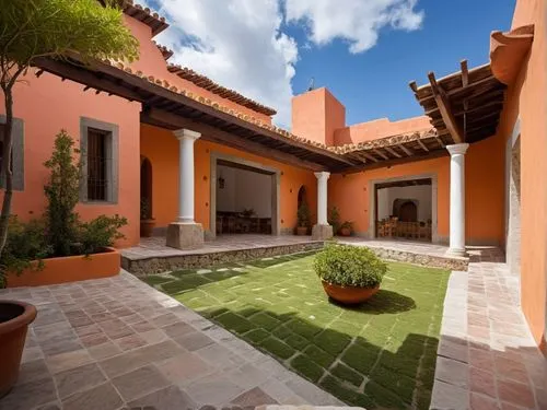 DISEÑO DE UNA CASA ESTILO MEXICANO MODERNO, CON UN CLAUSTRO CONFORMADO POR UNA TERRAZA  A BASE DE VIGAS DE MADERA, TEJA, COLUMNAS REDONDAS, EN EL CENTRO UN ESPEJO DE AGUA, CON EL ESTILO DE LA ARQUITEC