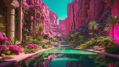 futuristic landscape,oasis,virtual landscape,3d fantasy,lagoon,acid lake,fantasy landscape,canyon,flowerful desert,pink city,underwater oasis,3d background,street canyon,alien planet,desert,ravine,valley,alien world,purple landscape,diamond lagoon,Photography,General,Natural