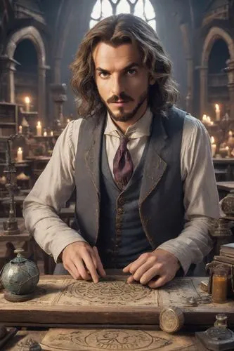 Professor at a magic Academy, casting spell.  Behind him a mistic desk with runes and potions.,leonardo devinci,watchmaker,apothecary,candlemaker,tinsmith,clockmaker,leonardo,scholar,blacksmith,librar