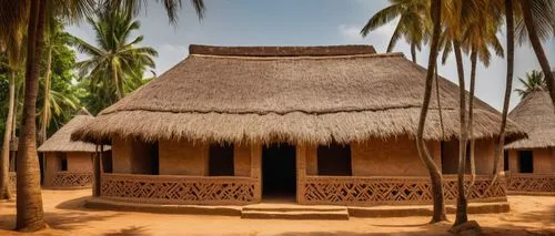 Benin architecture, West African style, ornate wooden carvings, intricate stone patterns, mud-brick walls, thatched roofs, vibrant colorful textiles, geometric shapes, symmetrical composition, warm na