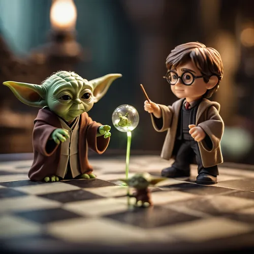 Harry Potter jogando xadrez com Yoda,miniature figures,lensball,yoda,potter,harry potter,3d fantasy,potions,toy photos,wizards,plug-in figures,play figures,tabletop photography,figurines,magical pot,a