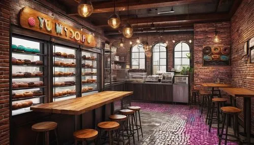 Cozy donut shop interior, modern rustic style, wooden tables, metal chairs, vintage donut-making machine display, glass pastry case, colorful ceramic tiles, warm lighting, soft focus, afternoon sunbea