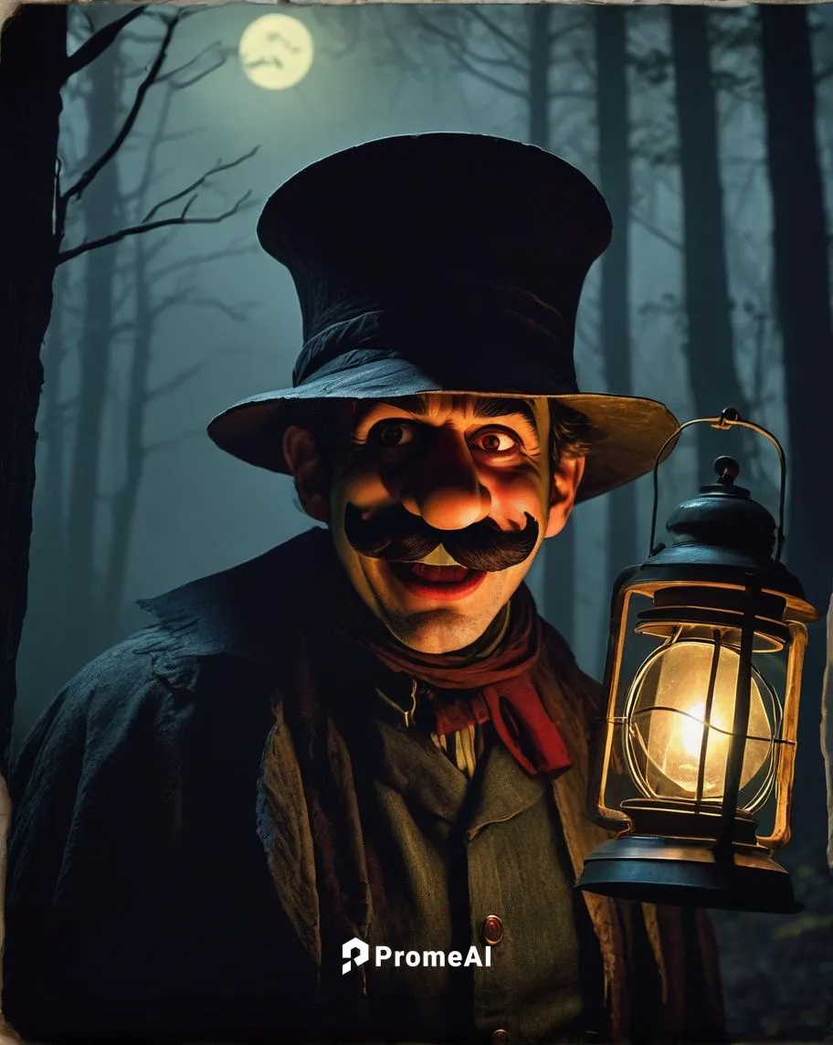 cursed, Mario, creepy smile, glowing red eyes, twisted mustache, worn-out clothes, ripped hat, haunted mansion, abandoned theme park, dark forest, misty atmosphere, eerie silence, dim lantern lighting