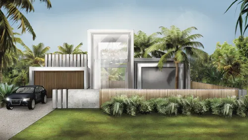 a car parked next to the front door of a house,garden design sydney,landscape design sydney,landscape designers sydney,residencial,tropical house,3d rendering