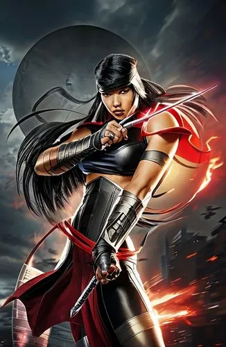 Marvel's Elektra, Filipina face, Black hair, Warehouse background,mulan,female warrior,sprint woman,katana,wuchang,wonder woman city,super heroine,swordswoman,strong woman,warrior woman,surival games 