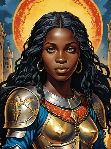 In comic print stile: A wild, young, long-haired West African beauty in the guise of the Joan of Arc.,teferi,nubia,niobe,seregil,binti,sisoulith,adena,maria bayo,aeshna,krietor,kunbi,okri,akilah,olubu