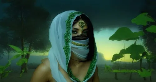 
 nude Beautiful arab girl, full dark curly hair, big green eyes, full black lips, misty sky,a man dressed in a white and green costume,crocodile woman,zarahemla,amazonian,turok,krishak,tropico,Illust