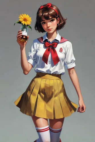 chara,digital painting,school uniform,schoolgirl,marguerite,nurse uniform,school skirt,a uniform,school clothes,colorful daisy,delta sailor,uniform,marguerite daisy,world digital painting,holding flowers,rudbeckia,yellow petal,sakura flower,yellow petals,painter doll,Conceptual Art,Oil color,Oil Color 04