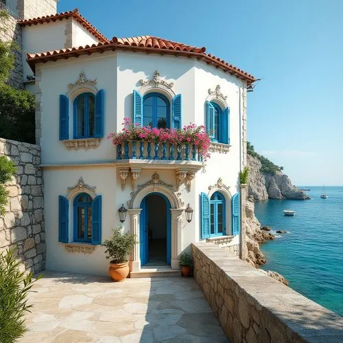 Coastal Byzantine style house, seaside villa, white walls, blue windows, red-tiled roof, ornate stone carvings, intricate mosaics, arched doorways, grand entrance, marble floors, wooden shutters, bloo