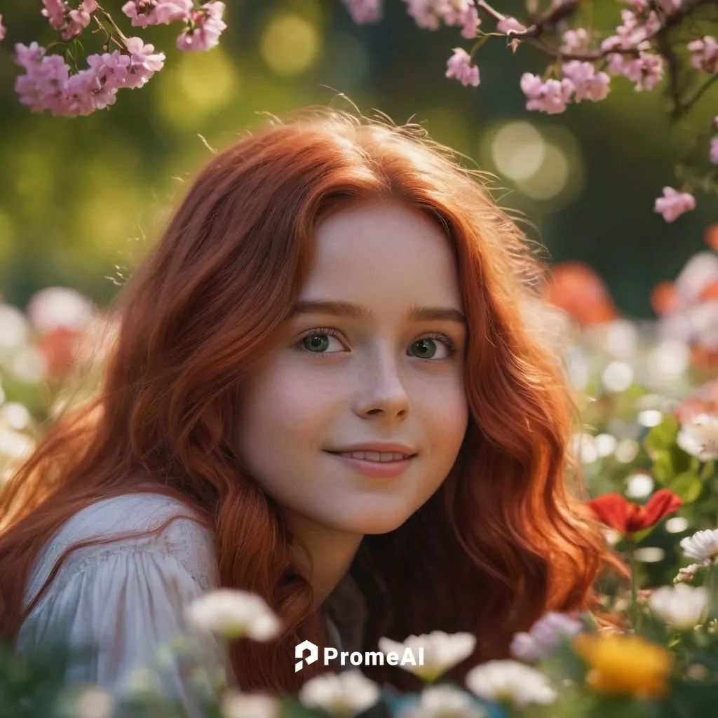 a very cute girl with long, red, slightly wavy hair, inspired by Pixar, Disney, is in a bed of various flowers and trees reflecting the vibes of spring, contributing to the visual narrative, in 8k.,gi