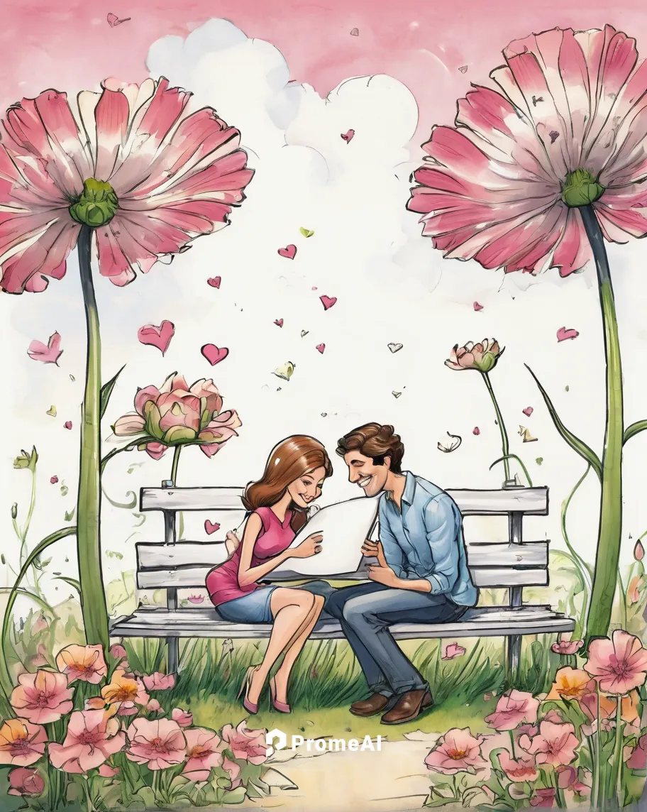 Write a romantic scene where a couple sits beneath a skyflower.,romantic scene,pink daisies,girl and boy outdoor,cute cartoon image,love in air,young couple,valentine clip art,romantic meeting,flower 