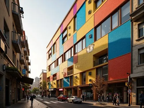 Vibrant postmodern architecture, bold geometric shapes, clashing color blocks, neon hues, pastel accents, metallic sheen, reflective surfaces, abstract patterns, irregular forms, deconstructivist elem