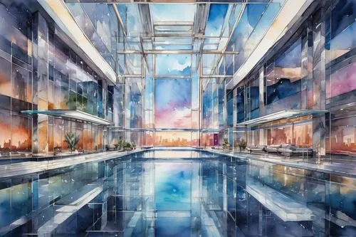 aqua studio,watercolor shops,sky apartment,sky space concept,onsen,infinity swimming pool,skyways,water cube,glass wall,bathhouses,futuristic art museum,arcology,fantasy city,diamond lagoon,sky city,thermae,water wall,hoshihananomia,waterplace,virtual landscape,Illustration,Paper based,Paper Based 25